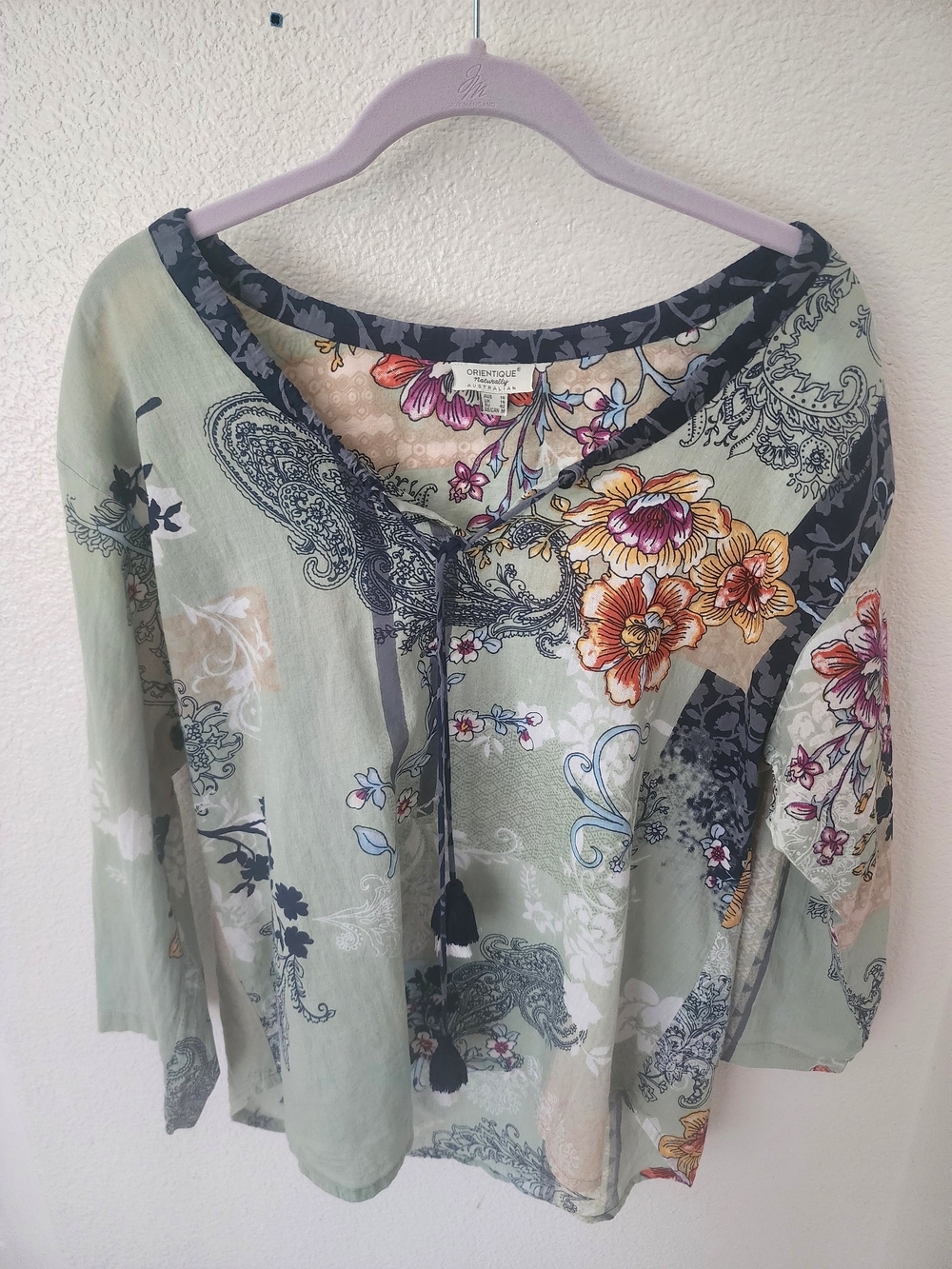 Orientique Naturally Australian 100% Cotton Floral Paisley Tassel Blouse Medium
